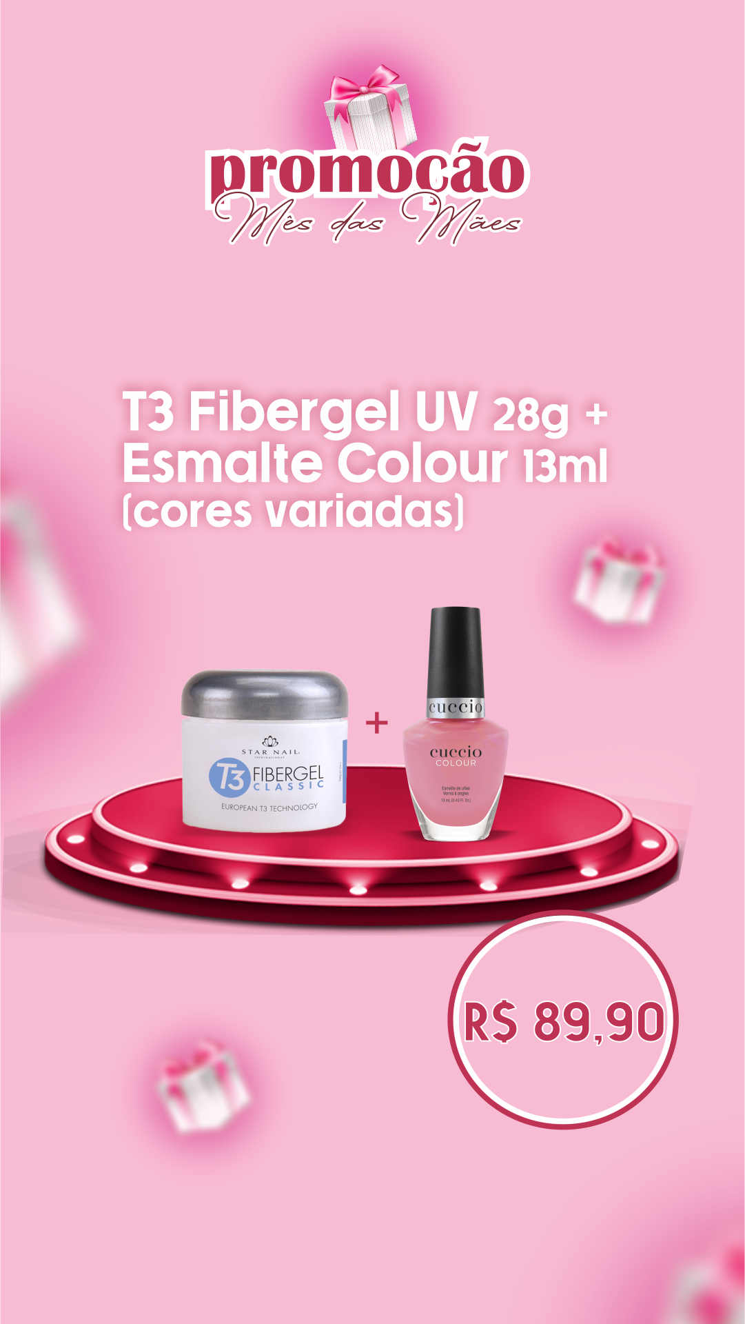 T3 Fibergel Pink 28g + Esmalte Colour brinde